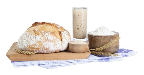 Photo of Freshly baked bread, sourdough, flour and spikes on white background