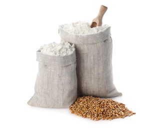 Sacks with flour and grains on white background