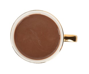 Cup of delicious hot chocolate isolated on white, top view