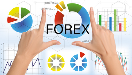 Businesswoman and different charts on background, closeup. Forex trading