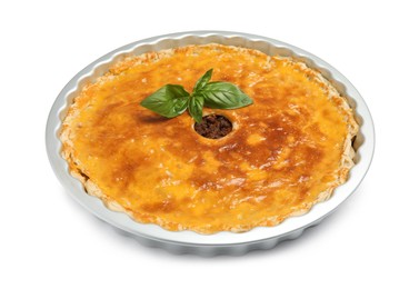 Delicious pie with minced meat on white background