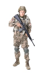 Male soldier with machine gun on white background. Military service