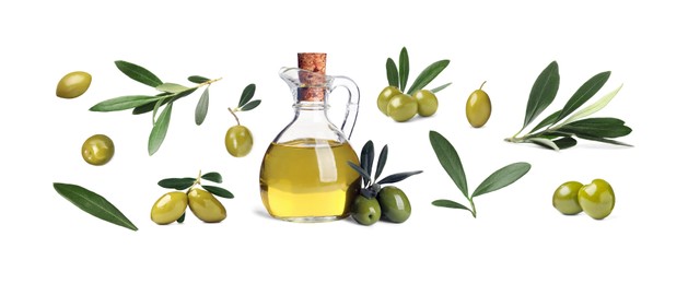 Jug of oil, ripe olives and leaves on white background, collage. Banner design