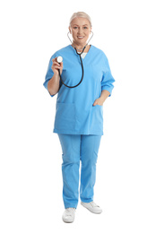 Full length portrait of mature doctor with stethoscope on white background