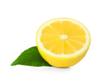 Photo of Fresh ripe lemon half with leaf on white background