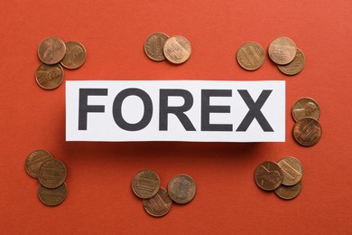 Sheet of paper with word Forex and coins on red background, flat lay