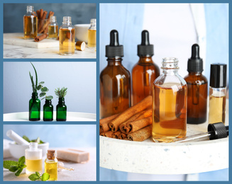 Collage of different photos with essential oils