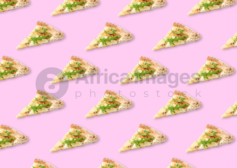 Slices of delicious cheese pizzas on light pink background. Seamless pattern design