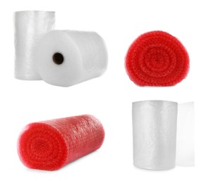 Set with different bubble wrap rolls on white background