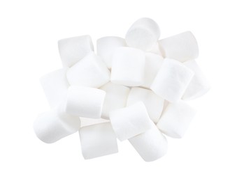 Pile of delicious puffy marshmallows on white background, top view