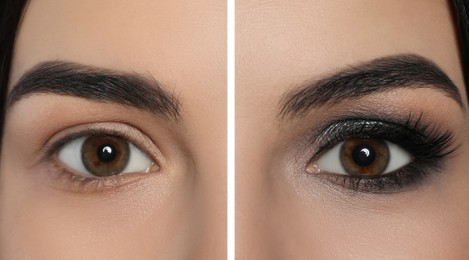 Closeup view of beautiful young woman with and without makeup, collage. Eye shadow product