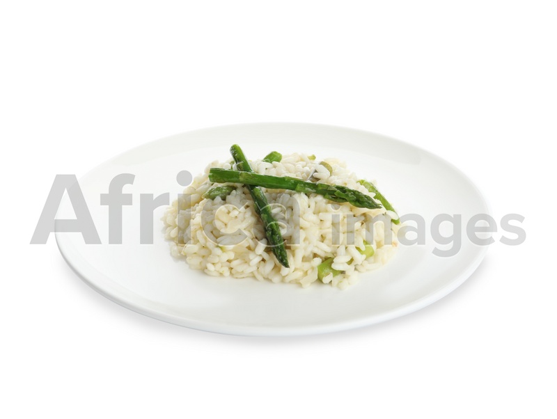 Delicious risotto with asparagus isolated on white