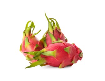 Delicious pink dragon fruits (pitahaya) on white background