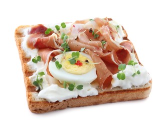 Delicious sandwich with prosciutto, egg, cream cheese and microgreens isolated on white