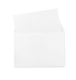 Envelope with blank letter on white background, top view