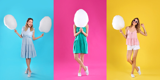 Collage with photos of young woman holding cotton candy on color background. Banner design