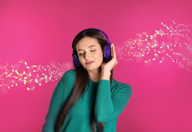 Image of Beautiful woman listening to music on pink background. Music notes illustrations flowing from headphones
