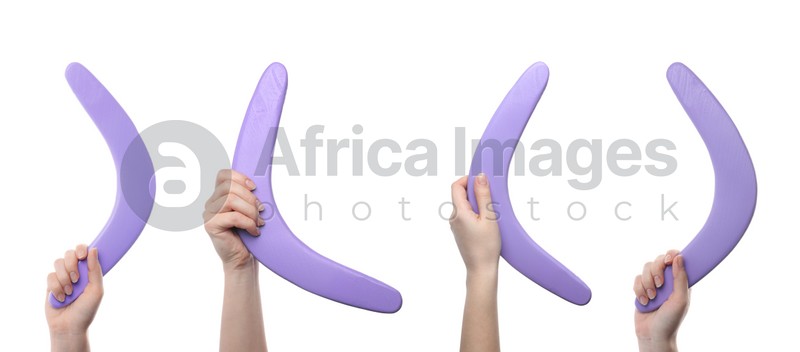 Collage with photos of women holding violet boomerangs on white background, closeup. Banner design