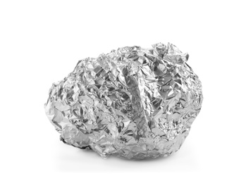 Crumpled ball of silver foil isolated on white