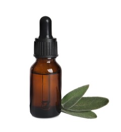 Bottle of essential sage oil and leaves on white background.