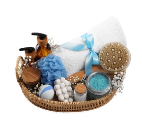 Spa gift set with different personal care products isolated on white