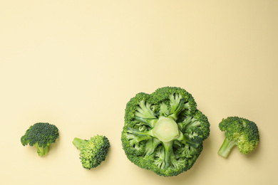 Fresh broccoli on beige background, flat lay. Space for text