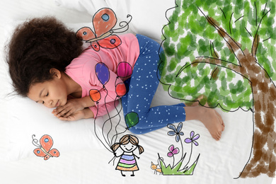 Image of Sweet dreams. Cute African American girl sleeping, bright illustrations on foreground