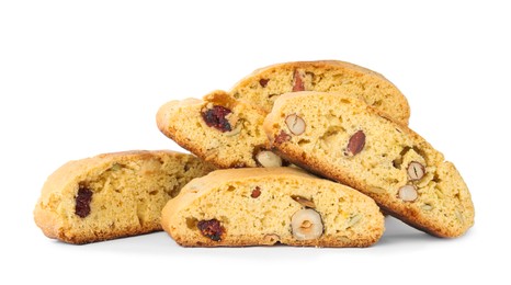 Photo of Slices of tasty cantucci with berry and pistachio on white background. Traditional Italian almond biscuits
