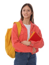 Photo of Teenage girl with books and backpack on white background