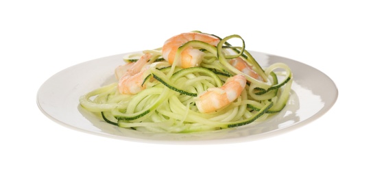 Delicious fresh zucchini pasta with shrimps on white background