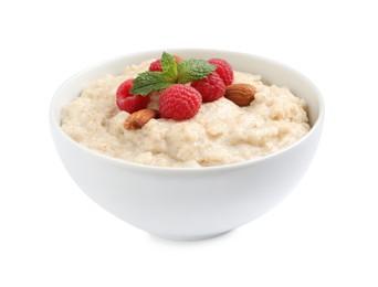 Tasty oatmeal porridge with raspberries and almond nuts in bowl on white background