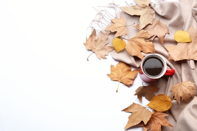 Composition with hot drink on white background, top view. Cozy autumn