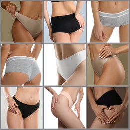 Collage with photos of women wearing underwear on different color backgrounds