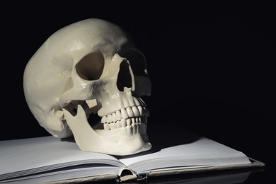 Photo of White human skull with book on black background