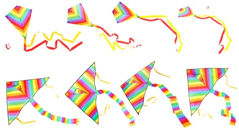 Set with beautiful bright kites on white background