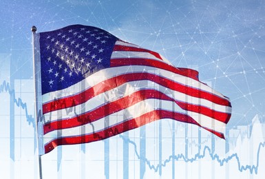 Multiple exposure of American flag, charts and connection lines. US economy