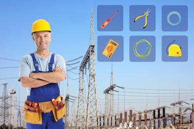 Mature electrician and set of tools against modern substation