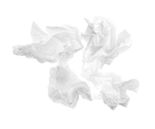 Used crumpled paper tissues isolated on white, top view