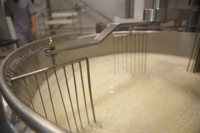 Adding water to curd and whey in tank at cheese factory, closeup