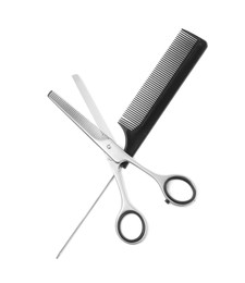 New thinning scissors and comb on white background, top view. Professional tool for haircut