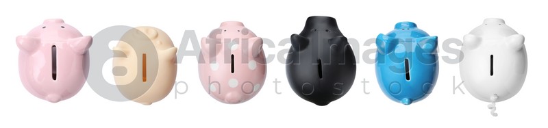 Set with different piggy banks on white background, top view. Banner design