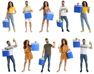 Collage with photos of people holding cool boxes on white background