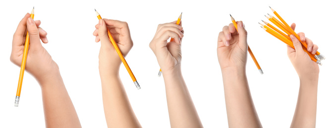Collage of woman holding pencils on white background, closeup 