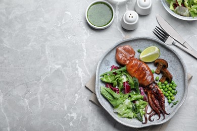 Photo of Tasty grilled squid served on white marble table, flat lay. Space for text