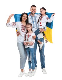 Happy family in national clothes with flag of Ukraine on white background