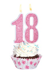 18th birthday. Delicious cupcake with number shaped candles for coming of age party on white background