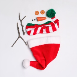 Set of materials for snowman on white background, flat lay