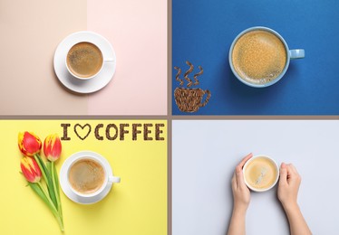 Image of I Love Coffee. Collage with photos on different color backgrounds, top view