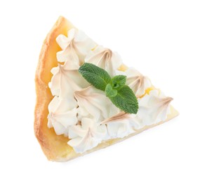 Piece of delicious lemon meringue pie with mint isolated on white, top view