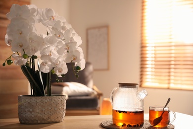 Beautiful orchid, teapot and cup with hot tea on table indoors